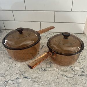 Vintage Corning Ware Amber Cookware Lot of 2 Pyrex Saucepan Set with Lids 1L 1.5